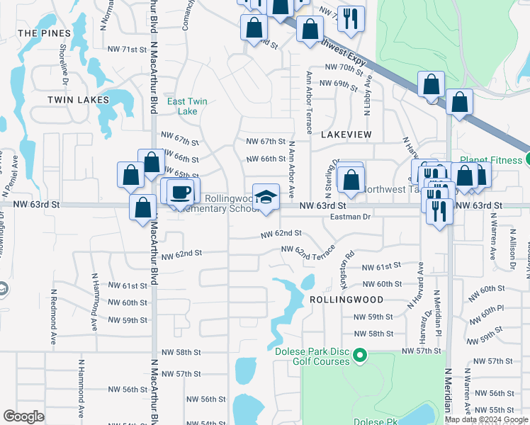 map of restaurants, bars, coffee shops, grocery stores, and more near 6301 Northwest 63rd Street in Oklahoma City