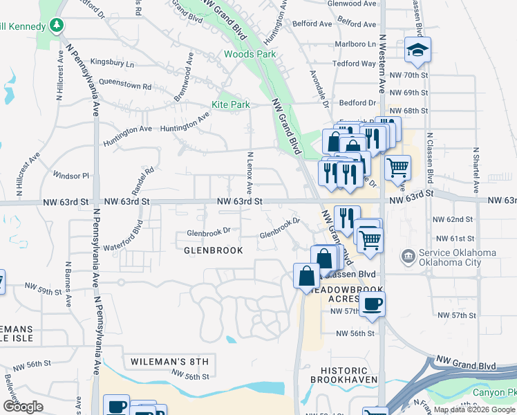 map of restaurants, bars, coffee shops, grocery stores, and more near 1244 Northwest 63rd Street in Oklahoma City