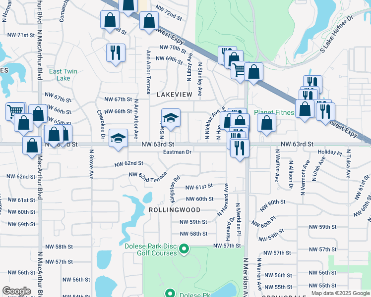 map of restaurants, bars, coffee shops, grocery stores, and more near 4709 Eastman Drive in Oklahoma City