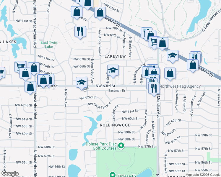 map of restaurants, bars, coffee shops, grocery stores, and more near 4801 Eastman Dr in Oklahoma City