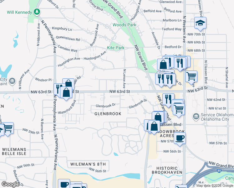 map of restaurants, bars, coffee shops, grocery stores, and more near 6349 Harden Drive in Oklahoma City