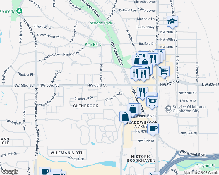 map of restaurants, bars, coffee shops, grocery stores, and more near 1244 Northwest 63rd Street in Oklahoma City