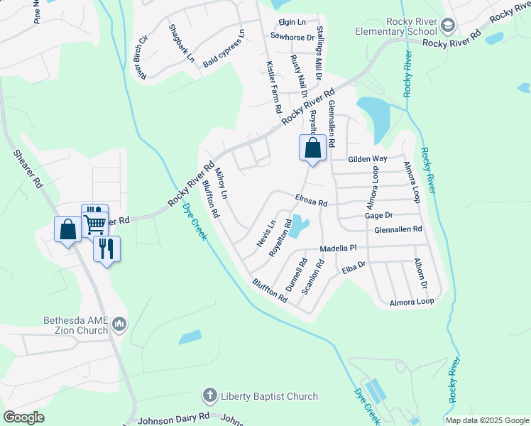 map of restaurants, bars, coffee shops, grocery stores, and more near 130 Elrosa Road in Mooresville