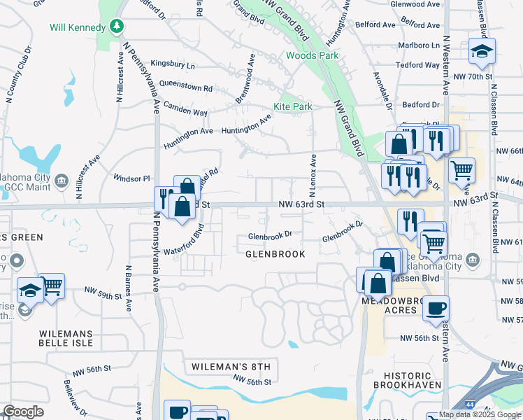 map of restaurants, bars, coffee shops, grocery stores, and more near 6330 Avalon Lane in Oklahoma City