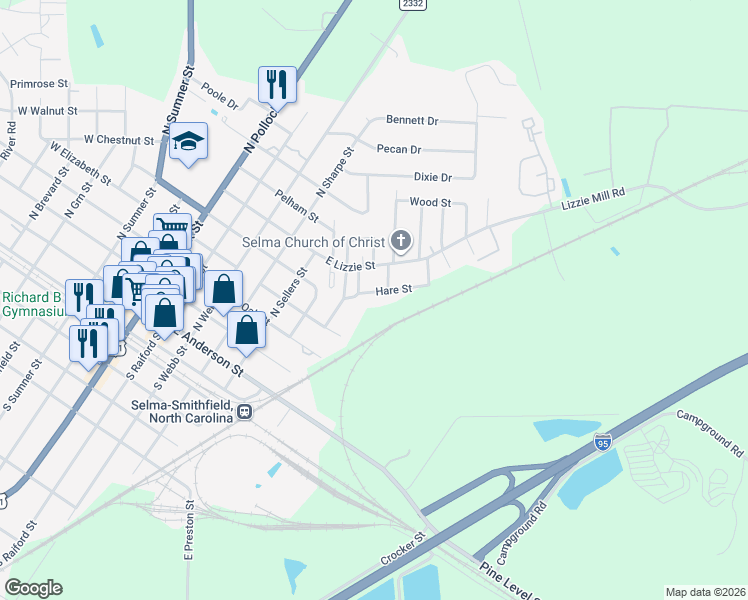 map of restaurants, bars, coffee shops, grocery stores, and more near 706 Hare Street in Selma