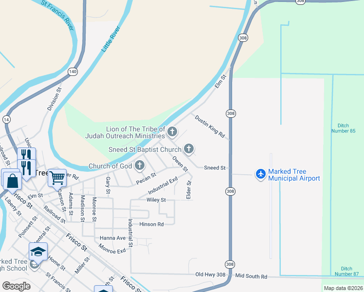 map of restaurants, bars, coffee shops, grocery stores, and more near 111 Sneed Street in Marked Tree