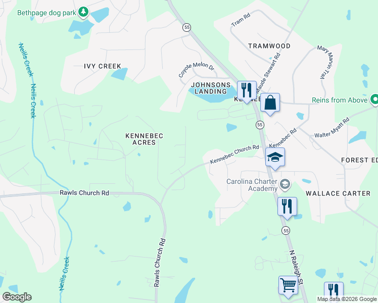 map of restaurants, bars, coffee shops, grocery stores, and more near 9140 Dupree Meadow Drive in Angier