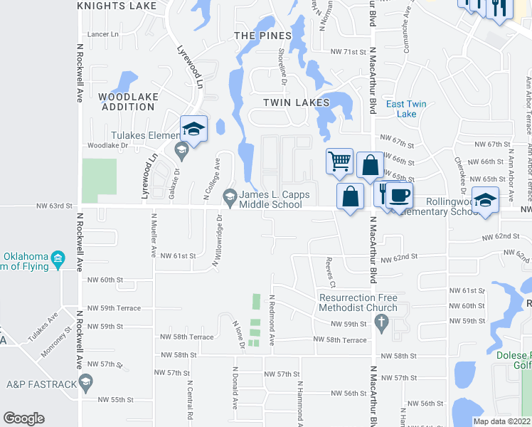 map of restaurants, bars, coffee shops, grocery stores, and more near 6324 North Woodcreek Drive in Warr Acres