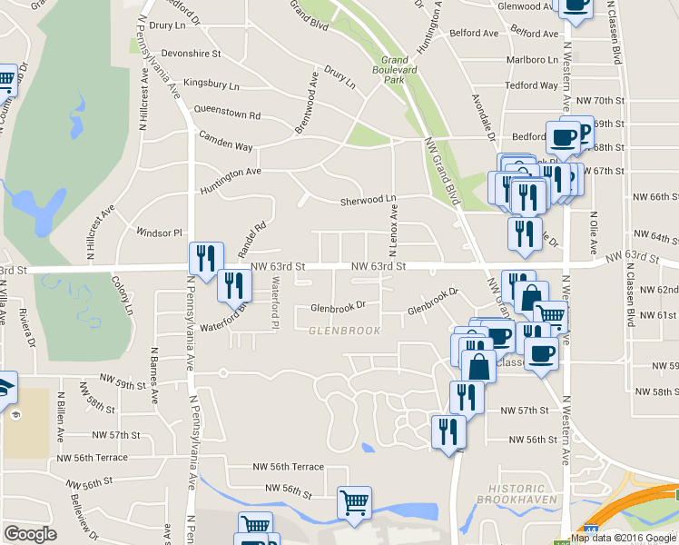 map of restaurants, bars, coffee shops, grocery stores, and more near 6330 Avalon Lane in Oklahoma City