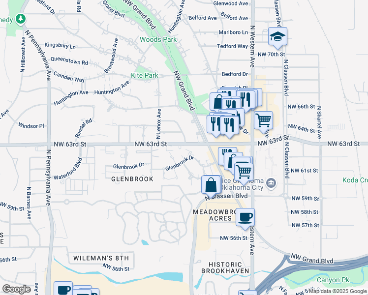 map of restaurants, bars, coffee shops, grocery stores, and more near 6308 Christon Court in Oklahoma City