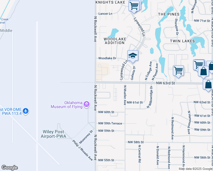 map of restaurants, bars, coffee shops, grocery stores, and more near 7000 Northwest 63rd Street in Bethany