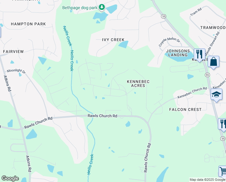 map of restaurants, bars, coffee shops, grocery stores, and more near 9920 Regal Drive in Angier