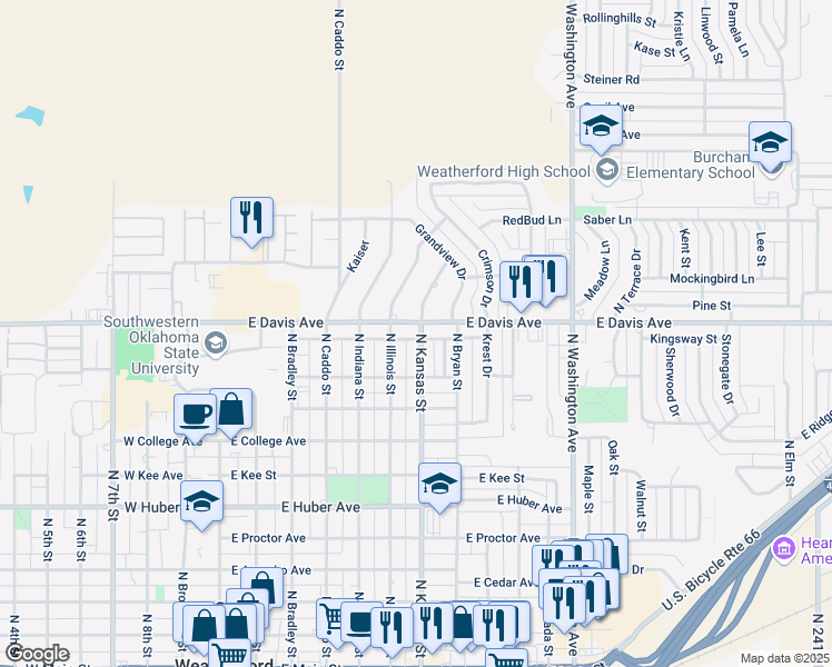 map of restaurants, bars, coffee shops, grocery stores, and more near 623 East Arlington Avenue in Weatherford