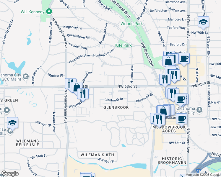 map of restaurants, bars, coffee shops, grocery stores, and more near 6330 Avalon Lane in Oklahoma City