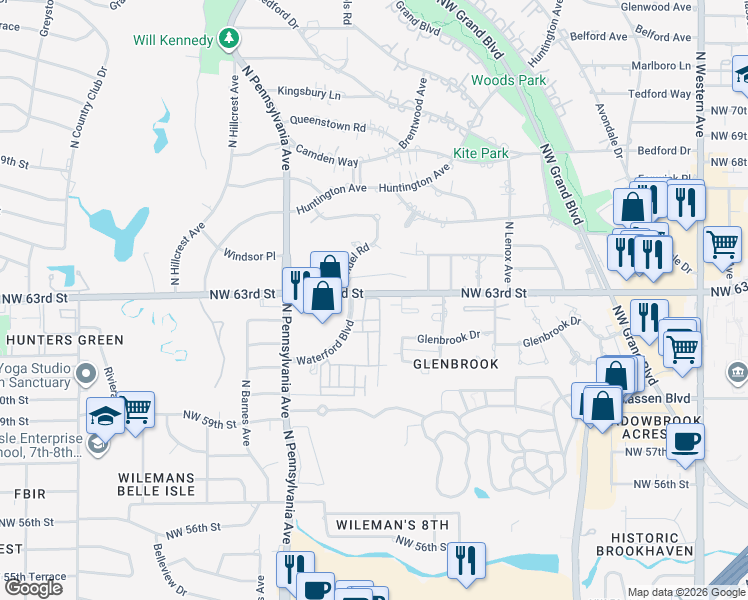 map of restaurants, bars, coffee shops, grocery stores, and more near 89 Waterford Place in Oklahoma City