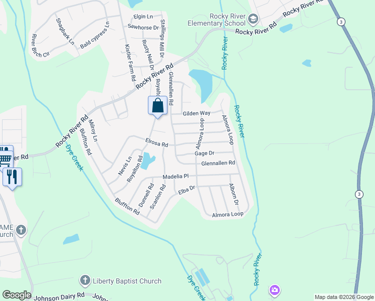 map of restaurants, bars, coffee shops, grocery stores, and more near 115 Gage Drive in Mooresville