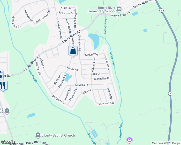map of restaurants, bars, coffee shops, grocery stores, and more near 115 Gage Drive in Mooresville