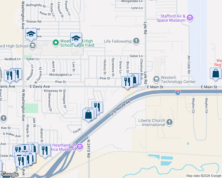 map of restaurants, bars, coffee shops, grocery stores, and more near 1817 East Serenade Street in Weatherford