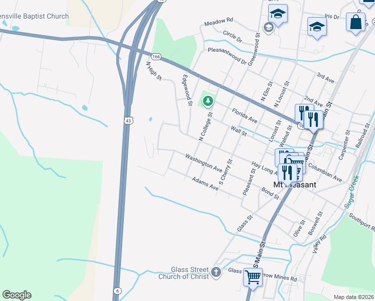 map of restaurants, bars, coffee shops, grocery stores, and more near 604 Washington Avenue in Mount Pleasant