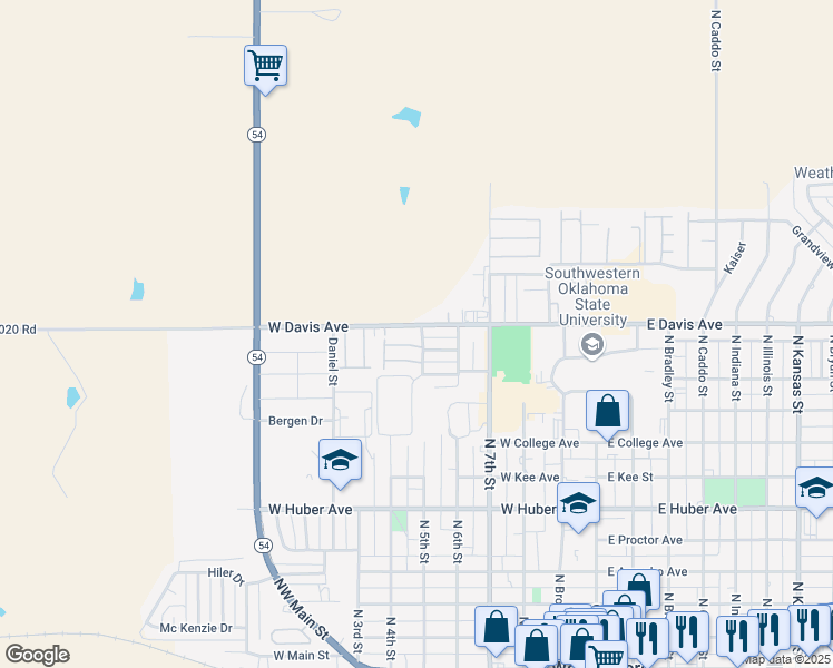 map of restaurants, bars, coffee shops, grocery stores, and more near 600 West Davis Avenue in Weatherford