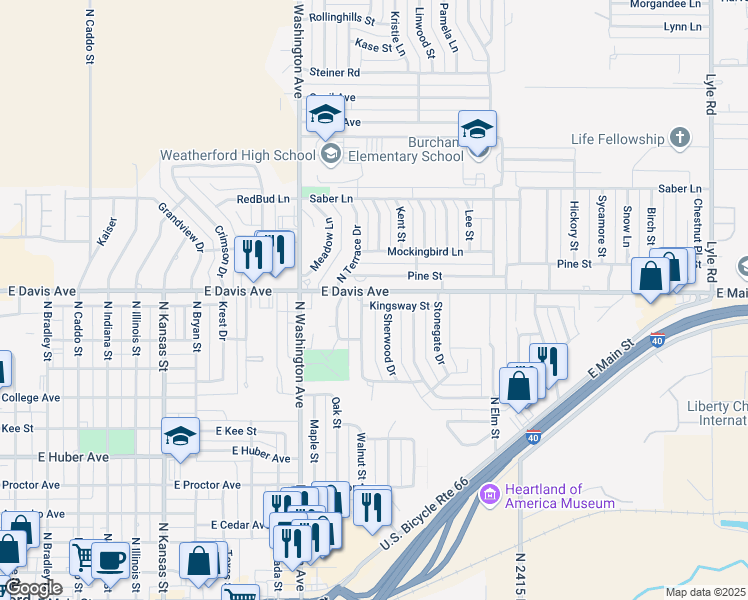 map of restaurants, bars, coffee shops, grocery stores, and more near 1407 Kingsway Street in Weatherford