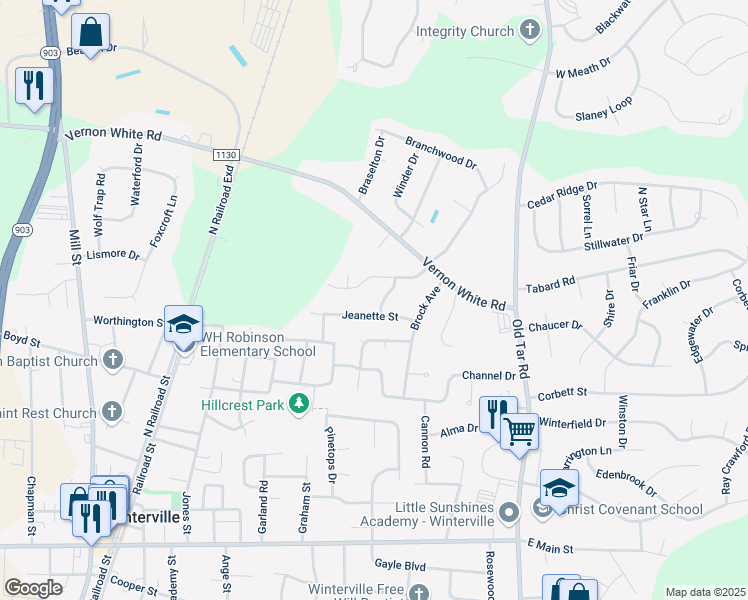 map of restaurants, bars, coffee shops, grocery stores, and more near 2330 Ethel Street in Winterville
