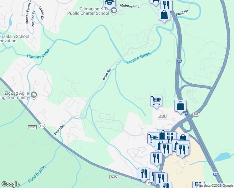 map of restaurants, bars, coffee shops, grocery stores, and more near 3 Pond Road Circle in Asheville