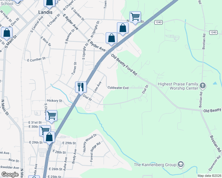 map of restaurants, bars, coffee shops, grocery stores, and more near 990 Coldwater Street in Kannapolis