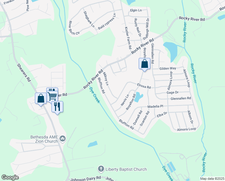 map of restaurants, bars, coffee shops, grocery stores, and more near 133 Milroy Lane in Mooresville