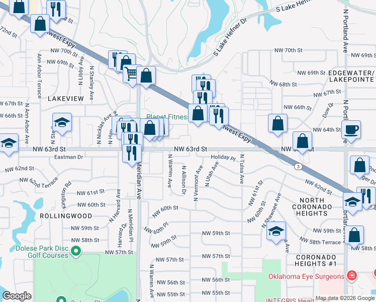 map of restaurants, bars, coffee shops, grocery stores, and more near 4330 Northwest 63rd Street in Oklahoma City