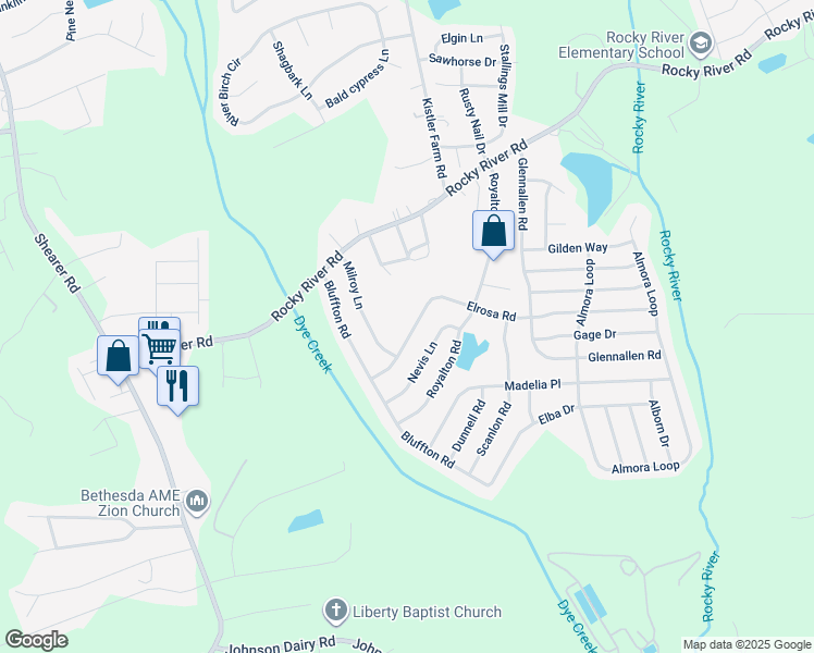 map of restaurants, bars, coffee shops, grocery stores, and more near 129 Elrosa Road in Mooresville