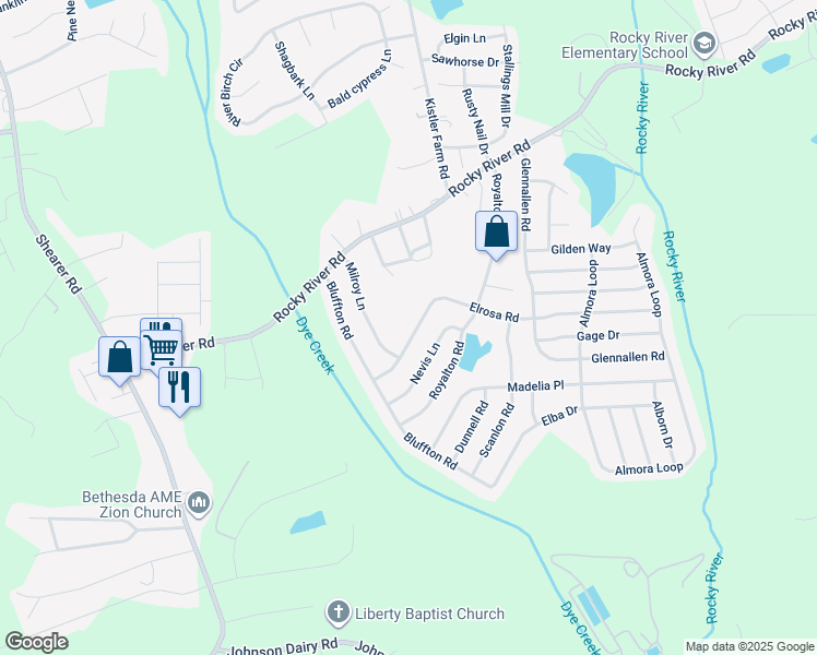 map of restaurants, bars, coffee shops, grocery stores, and more near 129 Elrosa Road in Mooresville