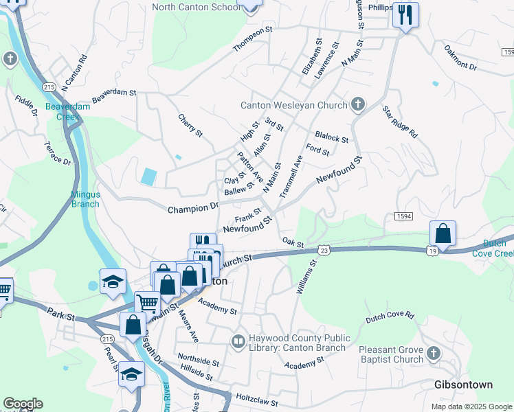 map of restaurants, bars, coffee shops, grocery stores, and more near 30 North Main Street in Canton
