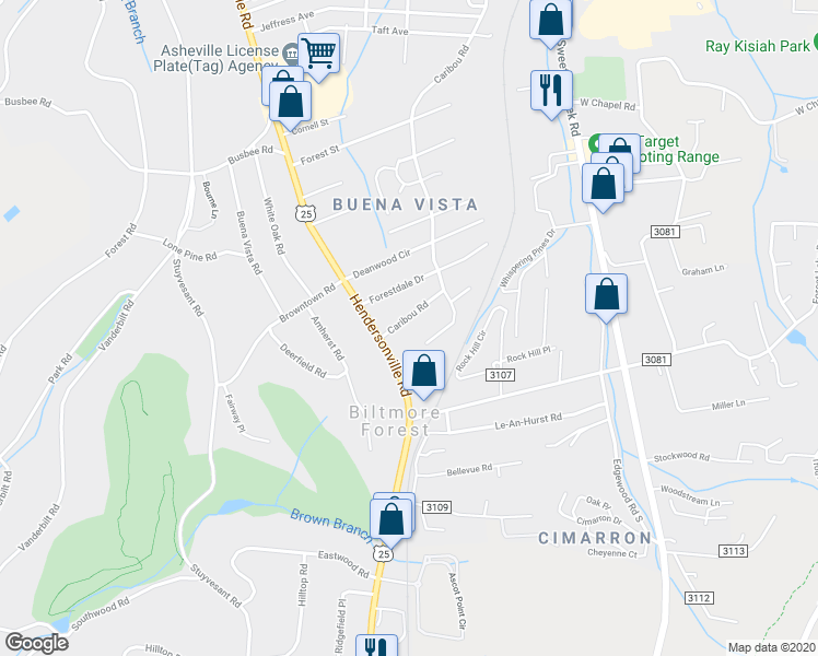 map of restaurants, bars, coffee shops, grocery stores, and more near 1080 Hendersonville Road in Asheville