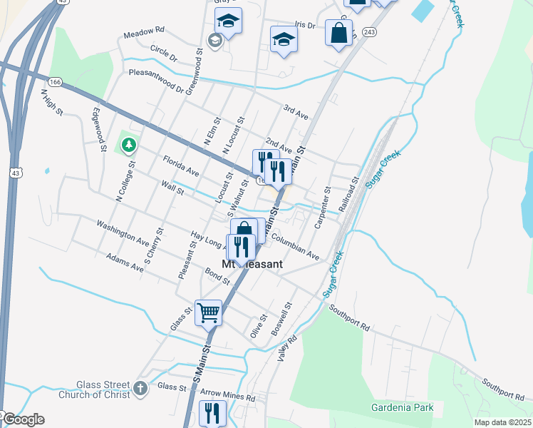 map of restaurants, bars, coffee shops, grocery stores, and more near 206 North Main Street in Mount Pleasant