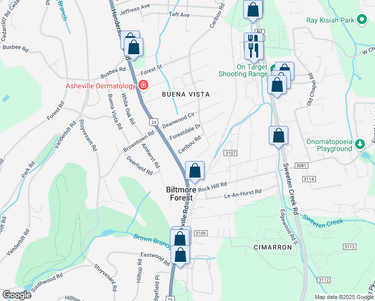 map of restaurants, bars, coffee shops, grocery stores, and more near 784 Caribou Road in Asheville