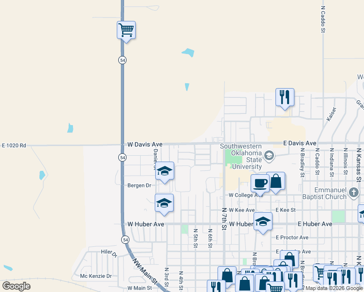 map of restaurants, bars, coffee shops, grocery stores, and more near 600 West Davis Avenue in Weatherford