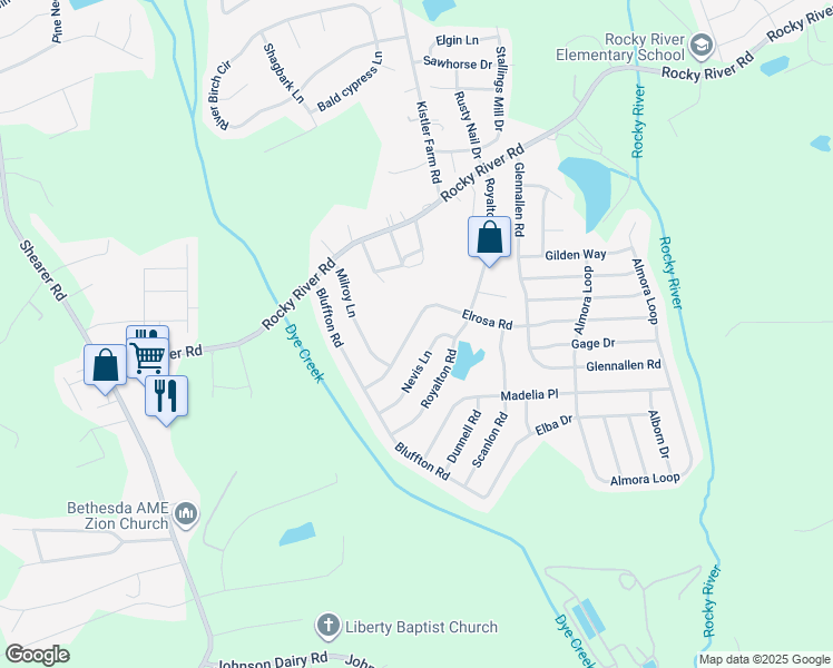 map of restaurants, bars, coffee shops, grocery stores, and more near 132 Elrosa Road in Mooresville