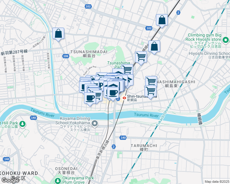 map of restaurants, bars, coffee shops, grocery stores, and more near in Yokohama
