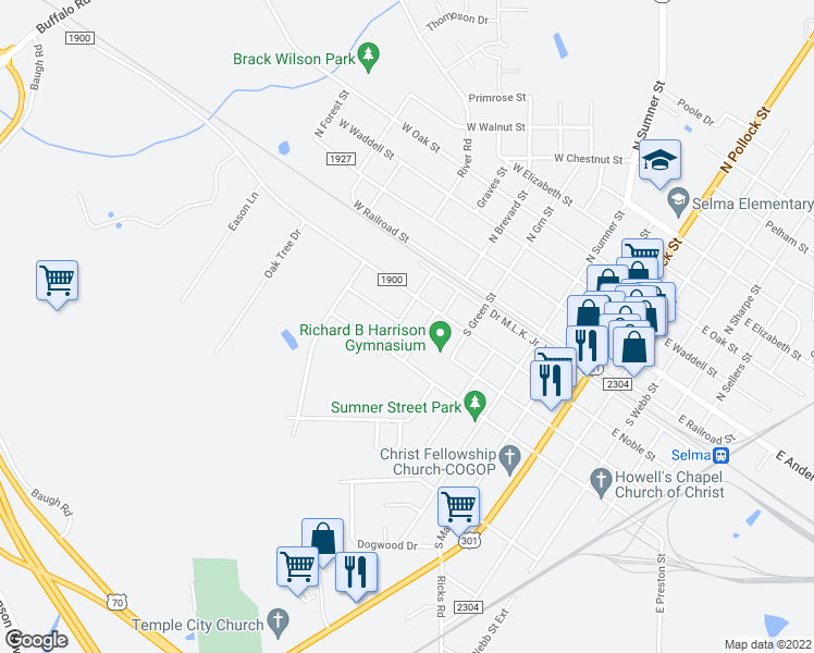 map of restaurants, bars, coffee shops, grocery stores, and more near 313 South Ethel Street in Selma