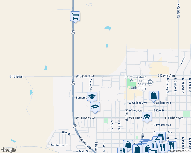 map of restaurants, bars, coffee shops, grocery stores, and more near 800 West Davis Avenue in Weatherford