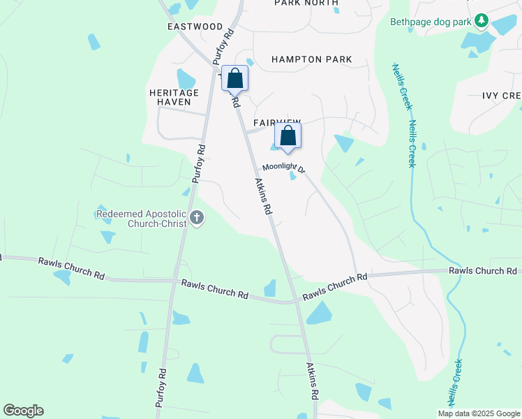 map of restaurants, bars, coffee shops, grocery stores, and more near 1459 Atkins Road in Fuquay-Varina