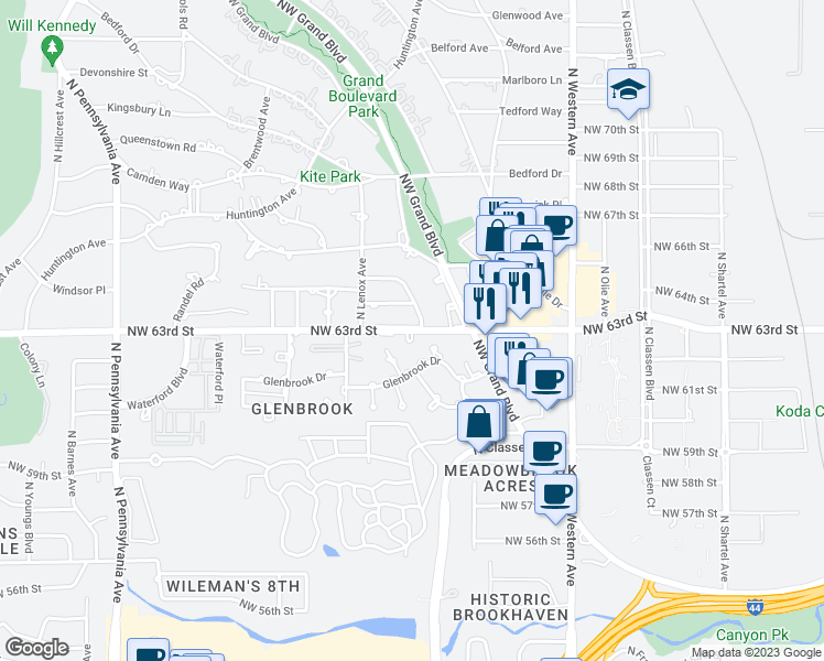 map of restaurants, bars, coffee shops, grocery stores, and more near 1232 Northwest 63rd Street in Oklahoma City