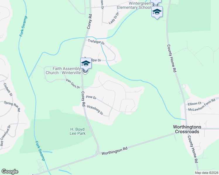 map of restaurants, bars, coffee shops, grocery stores, and more near 2104 Tucker Road in Winterville