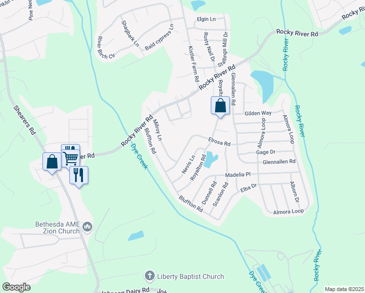 map of restaurants, bars, coffee shops, grocery stores, and more near 131 Elrosa Road in Mooresville