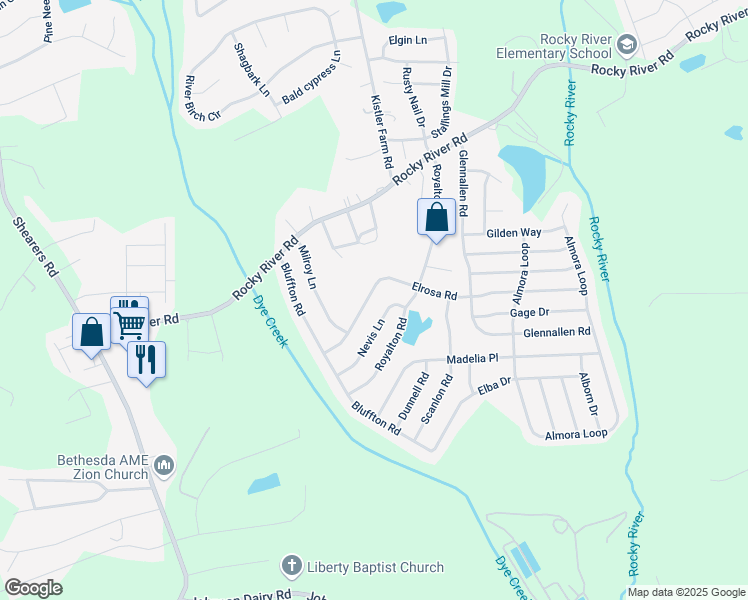 map of restaurants, bars, coffee shops, grocery stores, and more near 134 Elrosa Road in Mooresville
