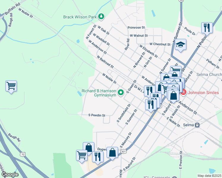map of restaurants, bars, coffee shops, grocery stores, and more near 313 South Ethel Street in Selma