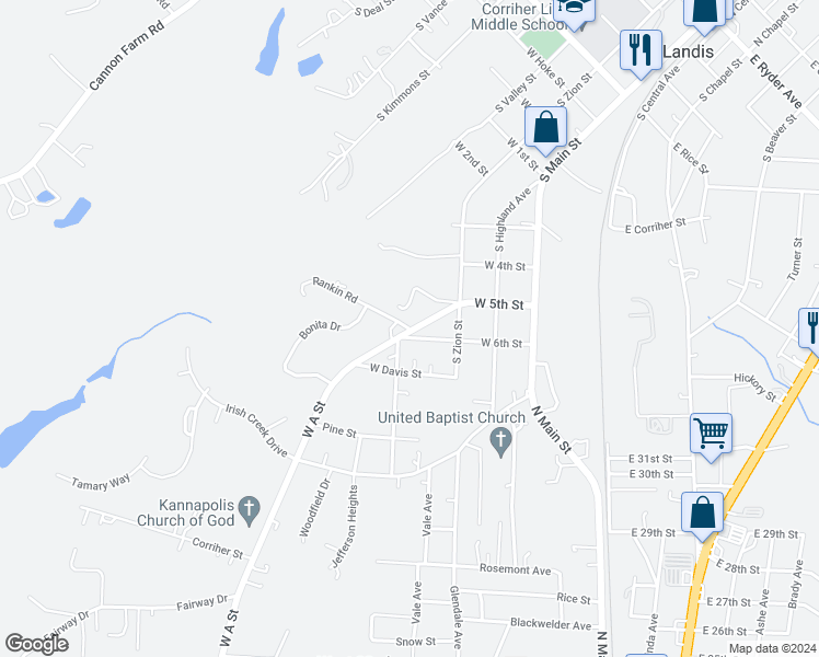 map of restaurants, bars, coffee shops, grocery stores, and more near 107 Rankin Road in Landis