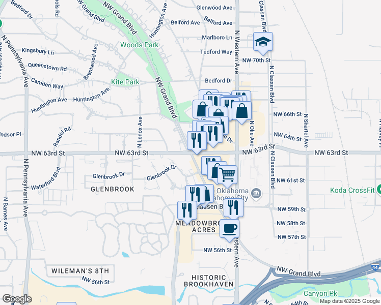 map of restaurants, bars, coffee shops, grocery stores, and more near NW 63rd St & NW Grand Blvd in Oklahoma City