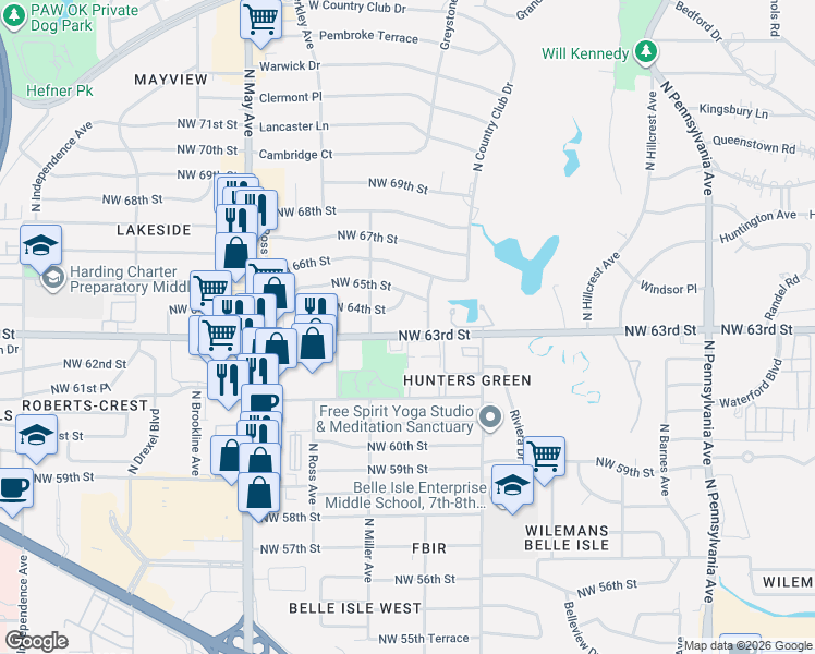 map of restaurants, bars, coffee shops, grocery stores, and more near 2644 Northwest 63rd Street in Oklahoma City